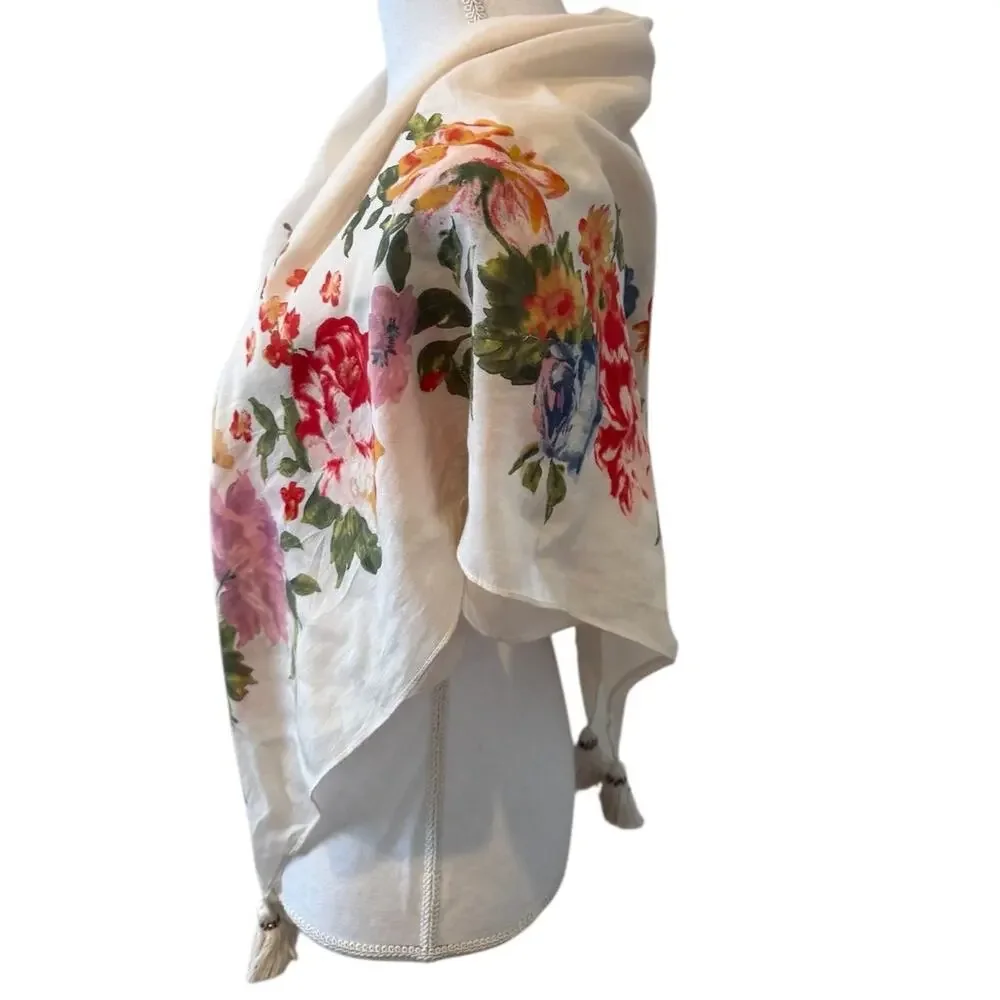 J Jill Large Lightweight Travel Scarf Cream Floral Print Tassel Detail
